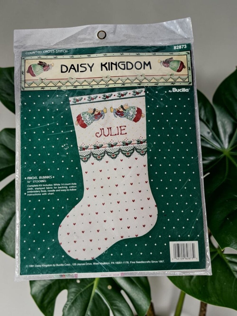 Vtg BUCILLA Daisy Kingdom ANGEL BUNNIES 16" Christmas Stocking Cross Stitch KIT